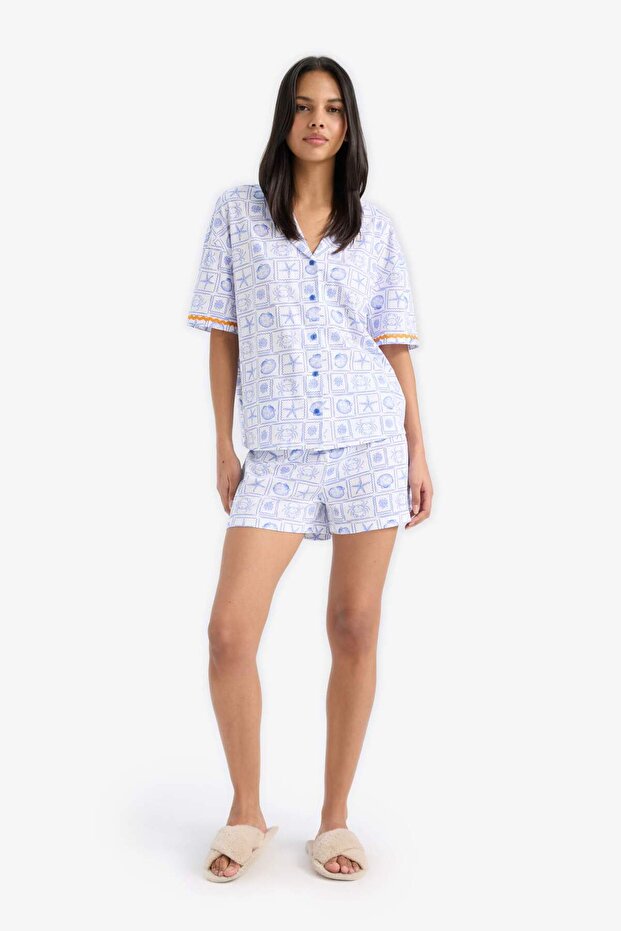 Pijama Takımı Regular Fit Desenli Kısa Kollu Üst Şort-Fall in Love E4630AX25HS - 2