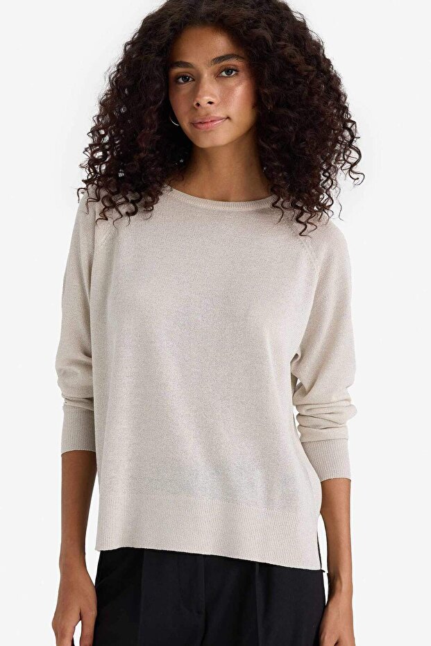 Regular Fit Bisiklet Yaka Simli Basic Düz Triko Kazak C6818AX24WN - 1