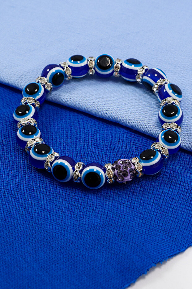 Handmade Navy Blue Glass Evil Eye Beaded Bracelet, Gift Purple Shiny Stone Bracelet
