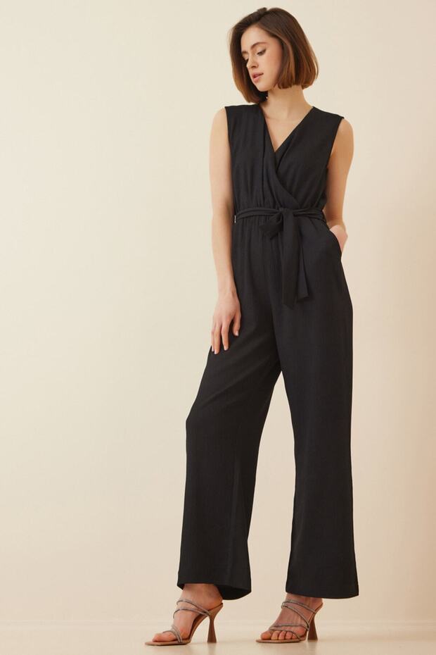 Women's Black Elastic Waist Deep Double Breasted V-Neck Belted Knitted Jumpsuit Hzl22S-Bd170211