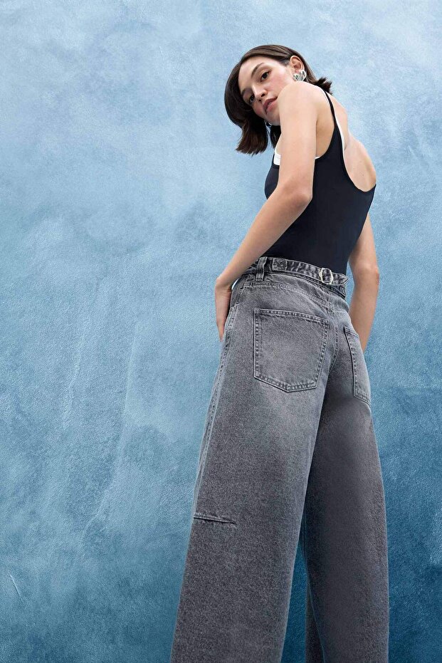 Baggy Fit Yüksek Bel Düz Paça Uzun Jean Pantolon F2035AX25WN - 2