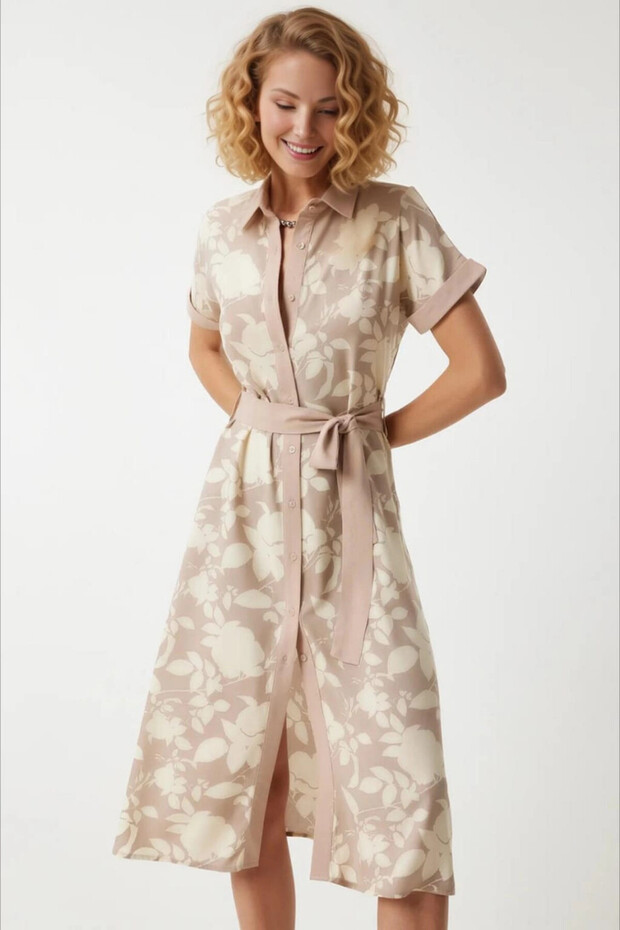 Women's Biscuit Cream Belted Floral Pattern Buttoned Summer Viscose Dress Hzl24S-Bd124551