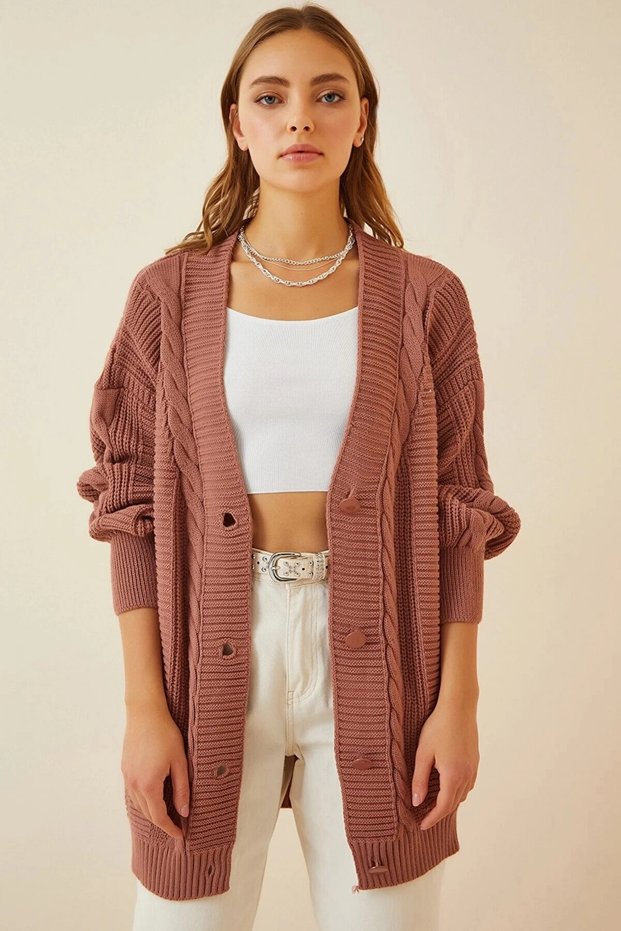 Women's Dusty Rose Hair Knit Pattern Long Buttoned Relaxed Fit Knitwear Cardigan Hzl23W-Bd1100691