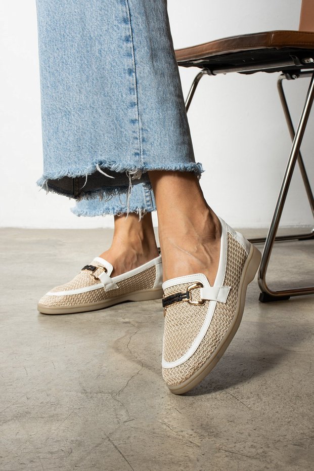 Sirena White Straw-Skin Ballerina Women's Shoes