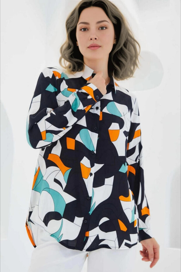 Women's Black and White Geometric Patterned Long Sleeve Oversize Viscose Shirt Hzl24S-Bd1202251