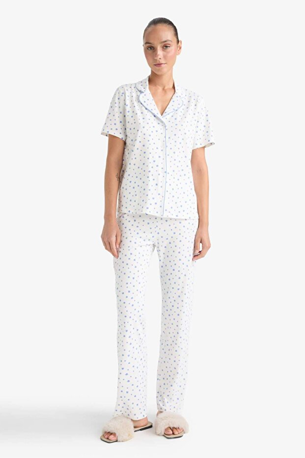 Pijama Takımı Regular Fit Desenli Kısa Kollu Üst Uzun Alt-Fall in Love F7547AX25AU - 1