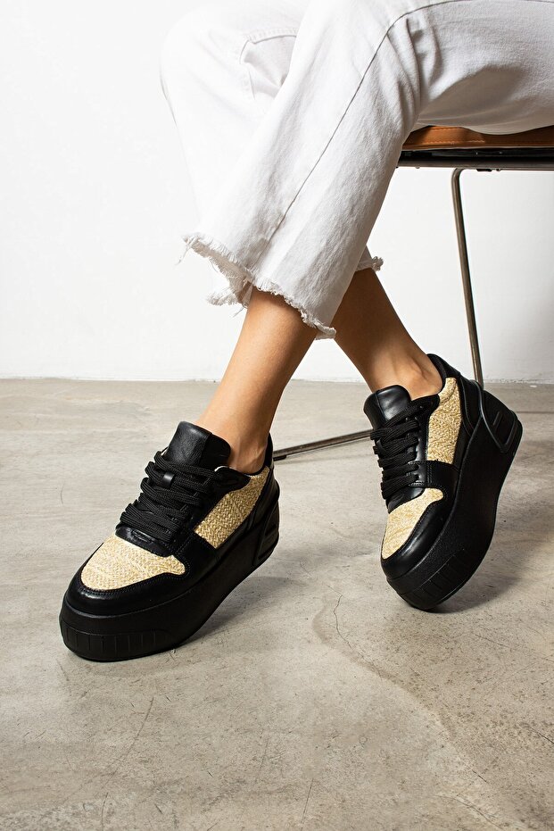 Lanes Black Straw-Skin Women's Sneakers