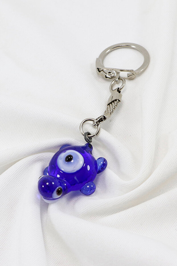 Navy Blue Glass Turtle Figured Evil Eye Bead Keychain, Gift Evil Eye Beaded Bag Ornament