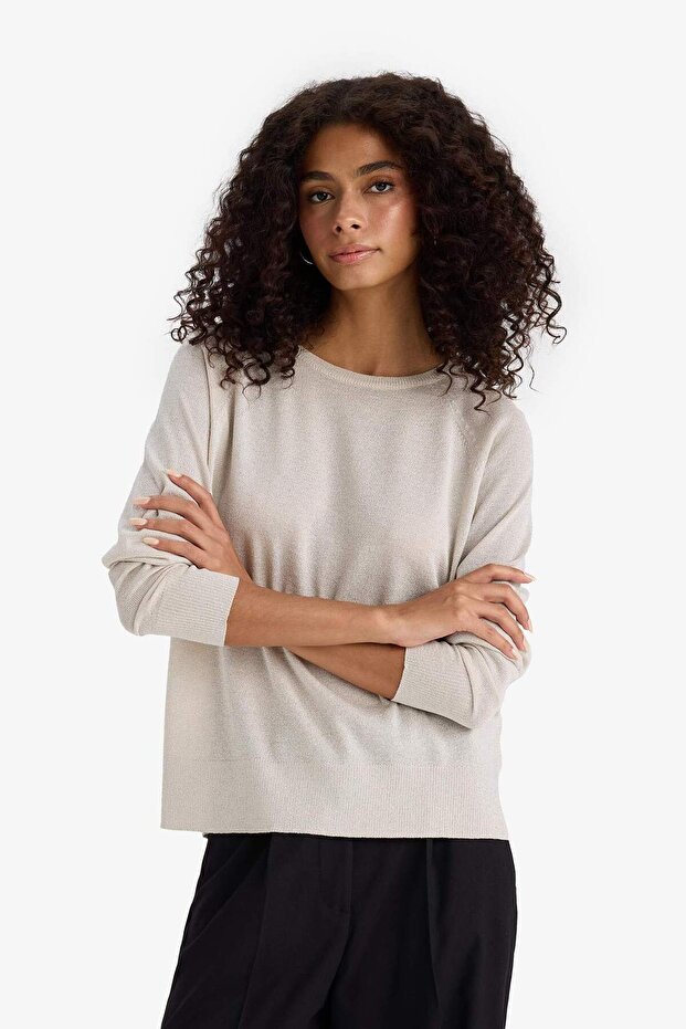 Regular Fit Bisiklet Yaka Simli Basic Düz Triko Kazak C6818AX24WN - 3