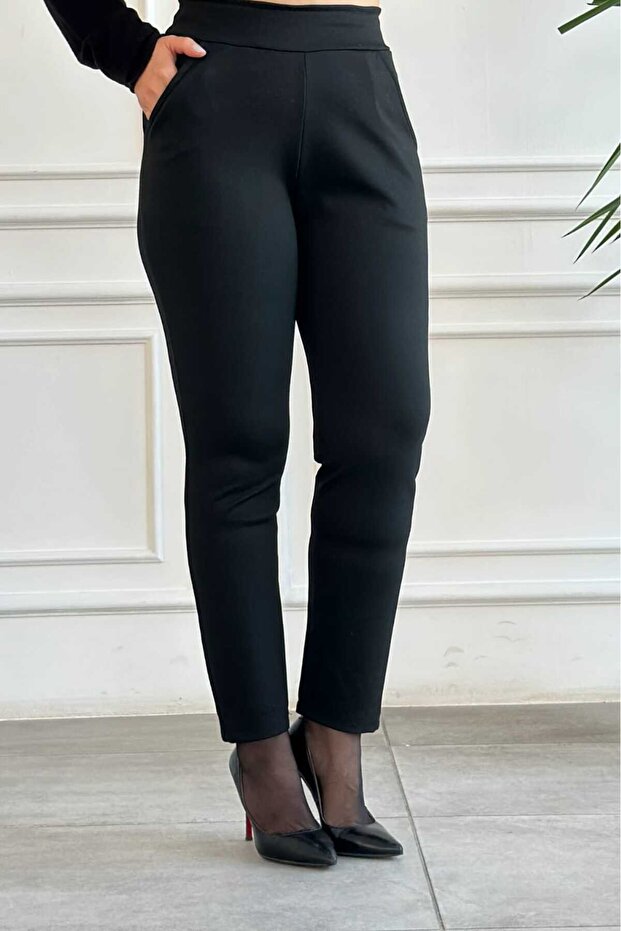 Kadın Boru Paça Yandan Cep Detaylı Çelik İnterlok Örme Pantolon Tayt S-4XL - 1