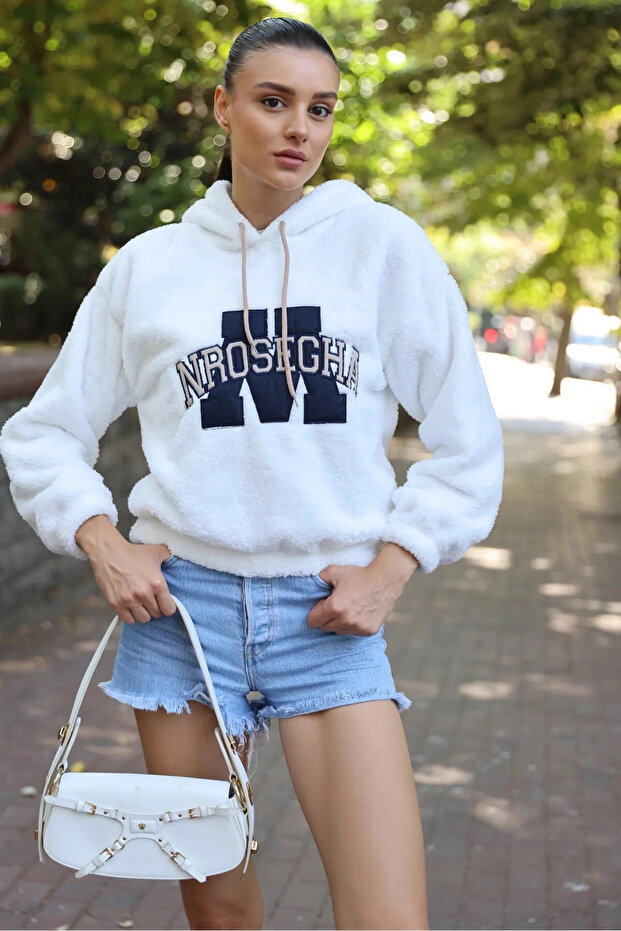 Women's White Printed Elastic Waist Hooded Comfortable Plush Sweatshirt HZL23W-BD1554131