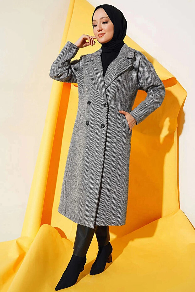 Women's Hijab Gray Wool Buttoned Double Pocket Lined Wide Fit Coat HZL23W-BD191131
