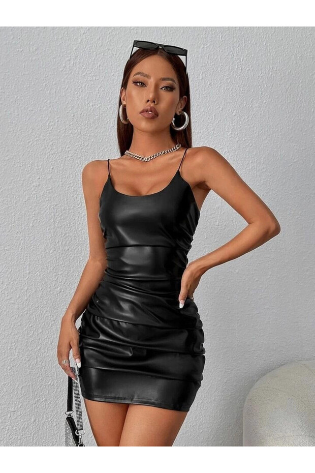 Women's Black Strappy Drape Detailed Faux Leather Mini Dress HZL24S-FRY121711