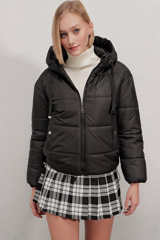 Women's Black Hooded Waist Drawstring Puffer Jacket Hzl22W-Bd151171