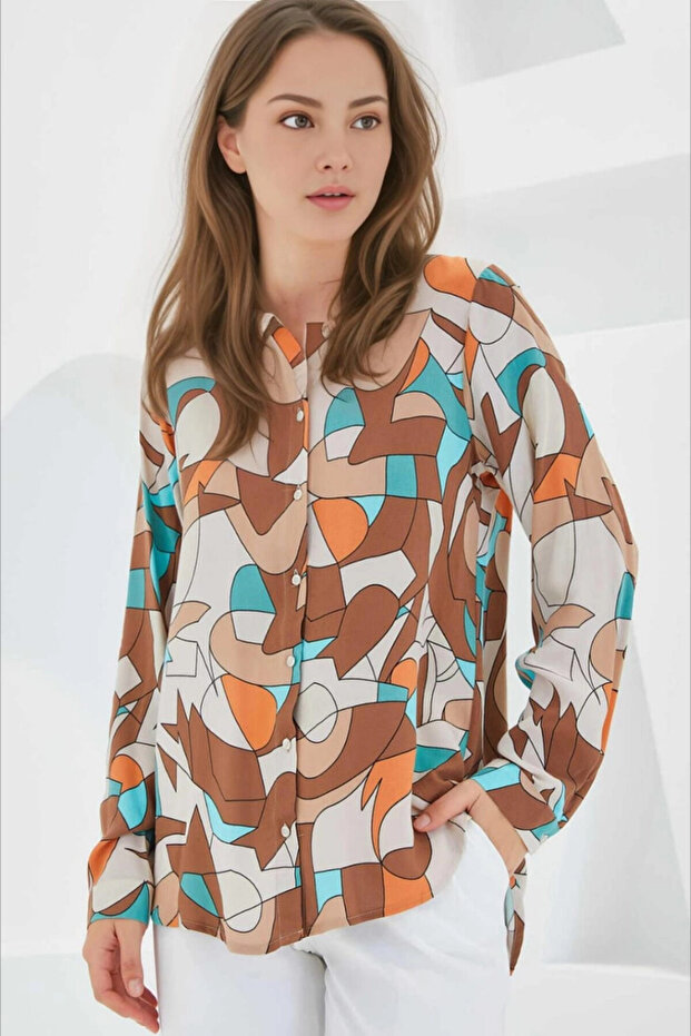 Women's Camel Turquoise Geometric Patterned Long Sleeve Oversize Viscose Shirt Hzl24S-Bd1202251