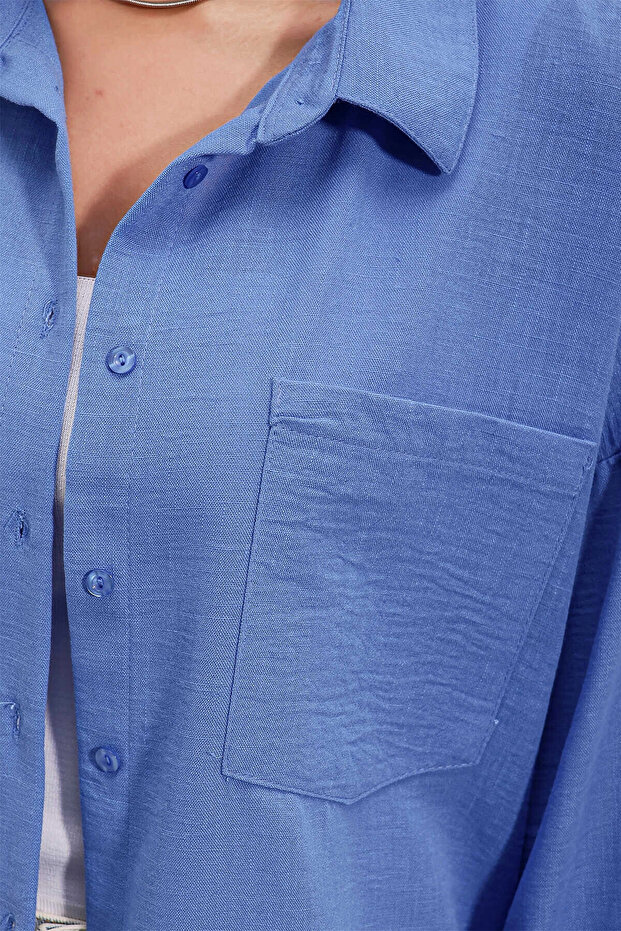 Kadın Mavi Tek Cepli Oversize Keten Ayrobin Gömlek HZL24S-BD1201531 - 4
