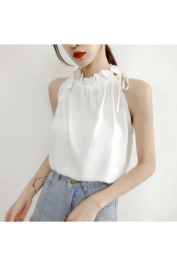 Women's White Neck Drawstring Detailed Sleeveless Woven Stylish Blouse HZL22S-DSB110021