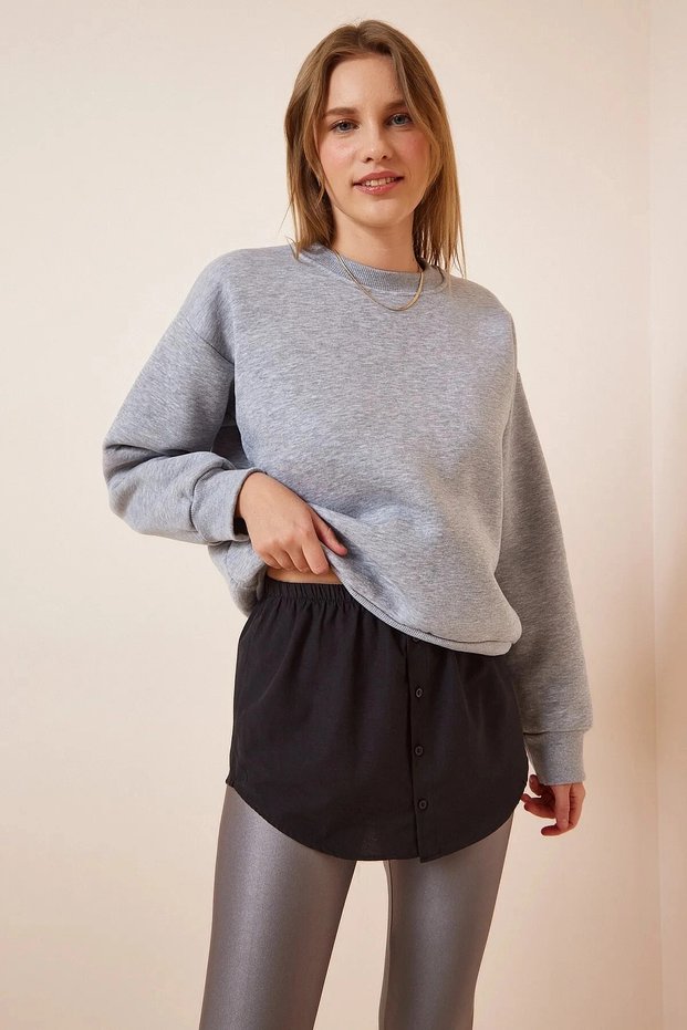 Women's Black Elastic Waist Button Detailed Sweater and Sweatshirt Under Skirt Poplin Shirt HZL23S-BD118881