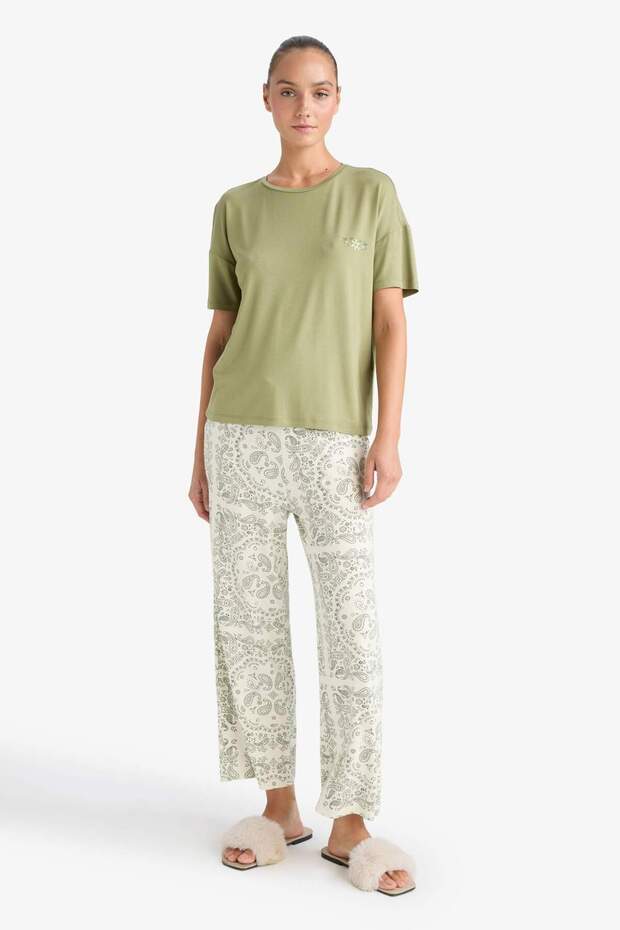 Pijama Takımı Regular Fit Kısa Kollu Üst Desenli Uzun Alt-Fall in Love F7560AX25AU - 2