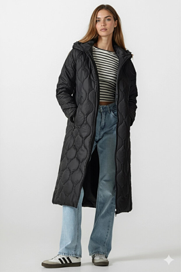 Women's Black Hooded Quilted Long Puffer Coat Hzl24W-Bd151771