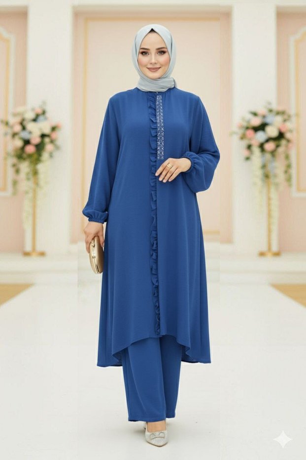 RUFFLE SET Indigo Ruffle Detailed Hijab Suit Aerobin Fabric Stone Embroidered
