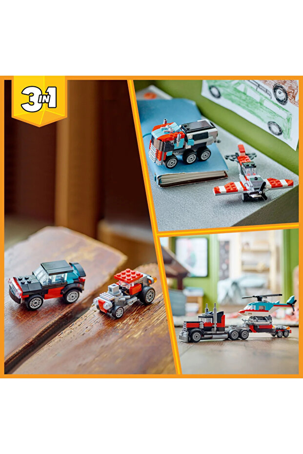 ® Creator 3'ü 1 Arada Helikopterli Açık Kasa Kamyon 31146 - 7+ Yaratıcı Oyuncak Yapım Seti (270P) - 7