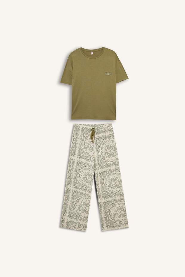 Pijama Takımı Regular Fit Kısa Kollu Üst Desenli Uzun Alt-Fall in Love F7560AX25AU - 8