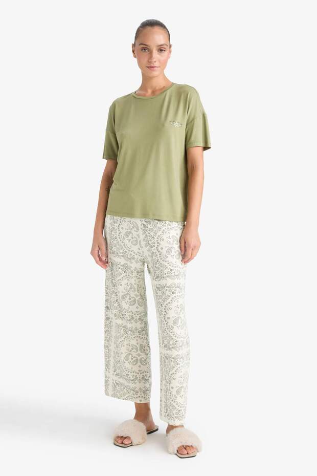 Pijama Takımı Regular Fit Kısa Kollu Üst Desenli Uzun Alt-Fall in Love F7560AX25AU - 1