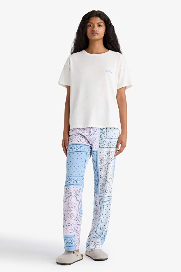 Pijama Takımı Regular Fit Kısa Kollu Üst Desenli Uzun Alt-Fall in Love F8039AX25AU - 1