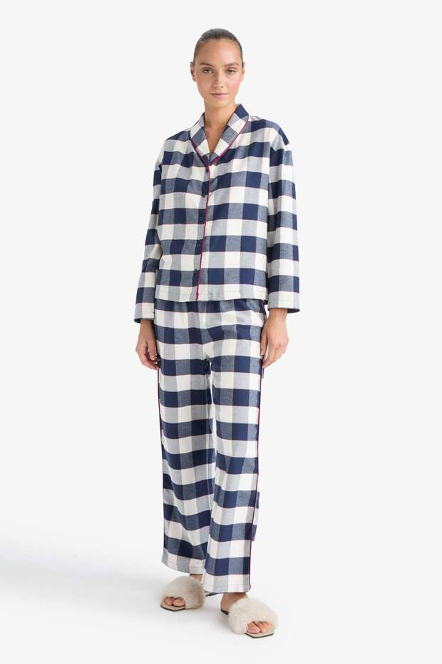 Pijama Takımı Regular Fit Kareli Uzun Kollu Üst Uzun Alt-Fall in Love E7599AX25AU - 2