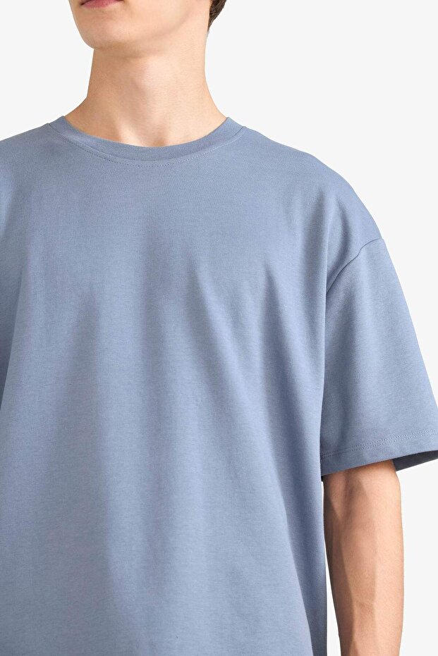 Oversize Geniş Kalıp Bisiklet Yaka Ağır Kumaş Basic Düz Kısa Kollu Tişört X3926AZ25AU - 5