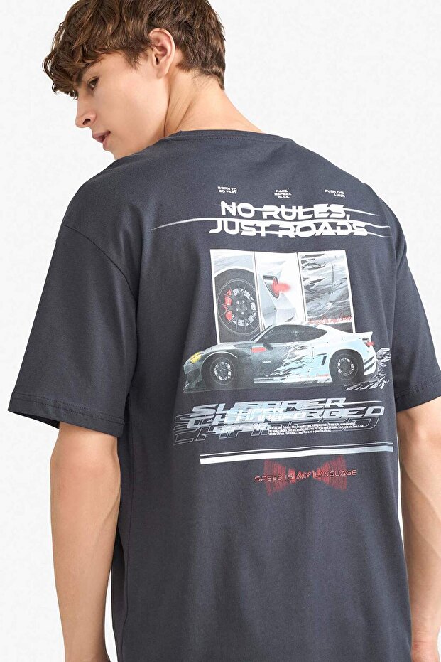 Boxy Fit Bisiklet Yaka Sırt Baskılı Kısa Kollu Tişört G0011AX25HS - 1