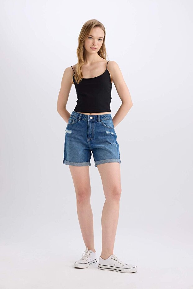 Boyfriend Yüksek Bel Katlamalı Paça Jean Şort E0552AX25SM - 2