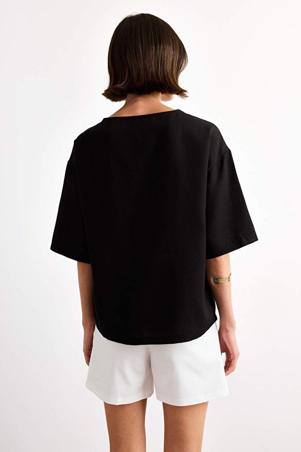 Relax Fit Bisiklet Yaka Dokuma Kısa Kollu Bluz G0434AX25SM - 5