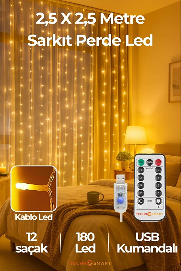 2.5 X 2.5 Mt Kumandalı 8 Modlu Perde Led 10 Saçaklı 200 Led Kalın Kablolu Fişli Eklemeli - 1