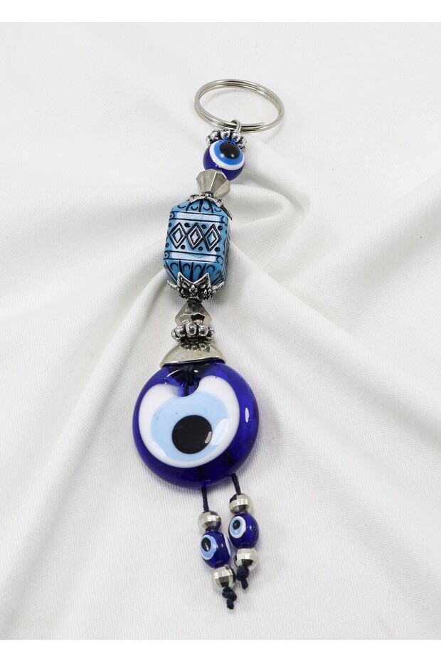 Patterned Rectangular Shaped Handmade Glass Evil Eye Beaded Keychain, Gift Keychain
