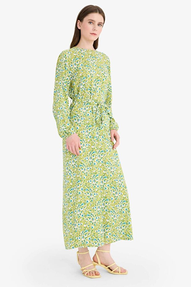 Regular Fit Bisiklet Yaka Çiçek Desenli Kuşaklı Uzun Kollu Maxi Elbise D9835AX25SM - 2