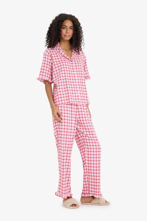 Pijama Takımı Kareli Kısa Kollu Üst Uzun Alt-Fall in Love E7462AX25AU - 2