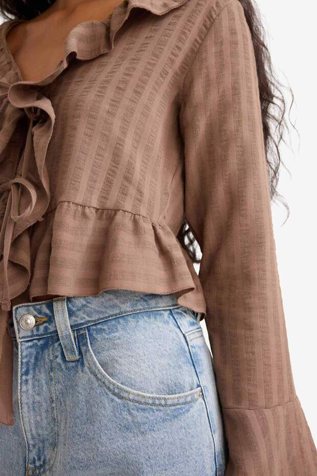 Regular Fit Textured Front Tie Ruffle Long Sleeve Blouse F7657Ax25Au - 4