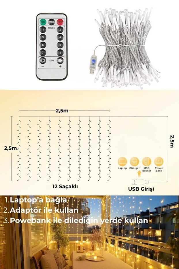 2.5 X 2.5 Mt Kumandalı 8 Modlu Perde Led 10 Saçaklı 200 Led Kalın Kablolu Fişli Eklemeli - 5