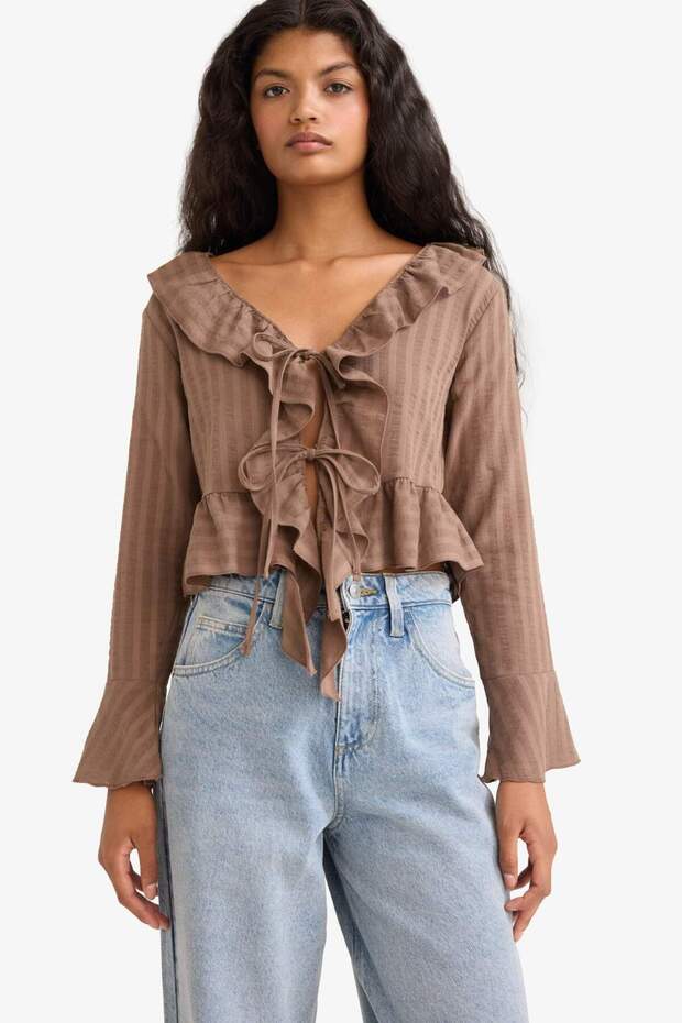 Regular Fit Textured Front Tie Ruffle Long Sleeve Blouse F7657Ax25Au - 1
