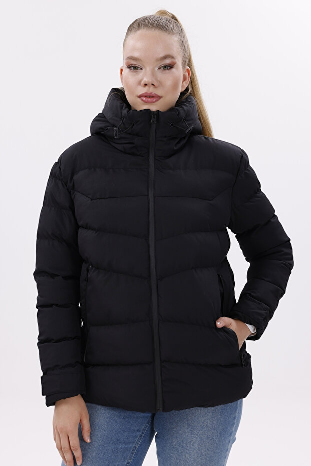 Čierna dámska bunda Puffer – s kapucňou, fleecová, chlpatá, vodeodolná a odolná voči vetru - 3