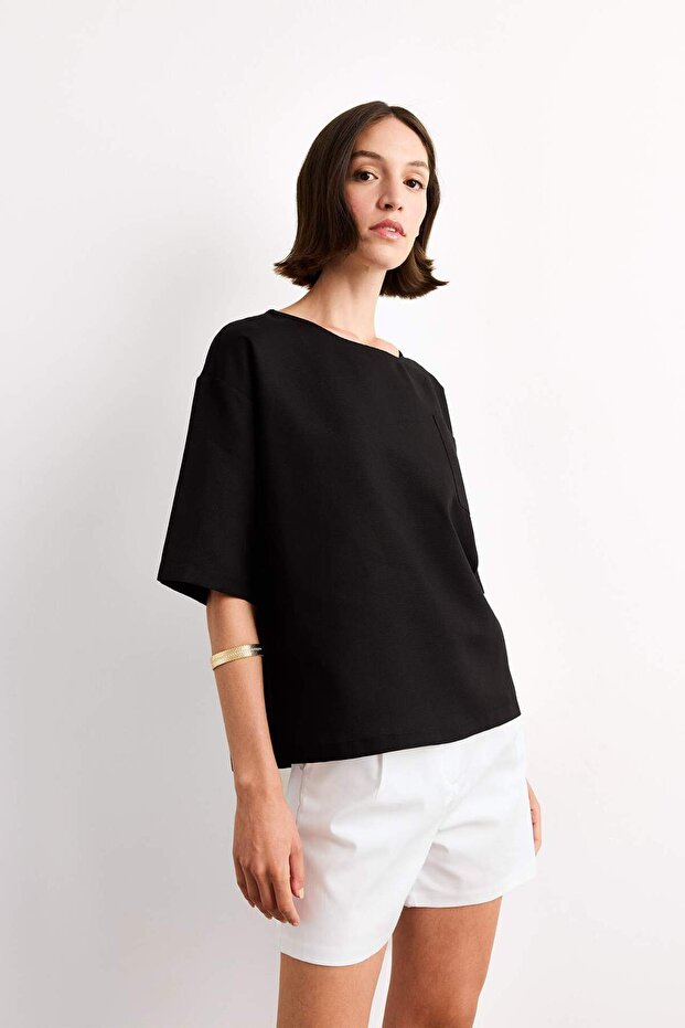 Relax Fit Bisiklet Yaka Dokuma Kısa Kollu Bluz G0434AX25SM - 3