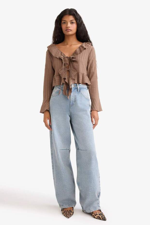 Regular Fit Textured Front Tie Ruffle Long Sleeve Blouse F7657Ax25Au - 2