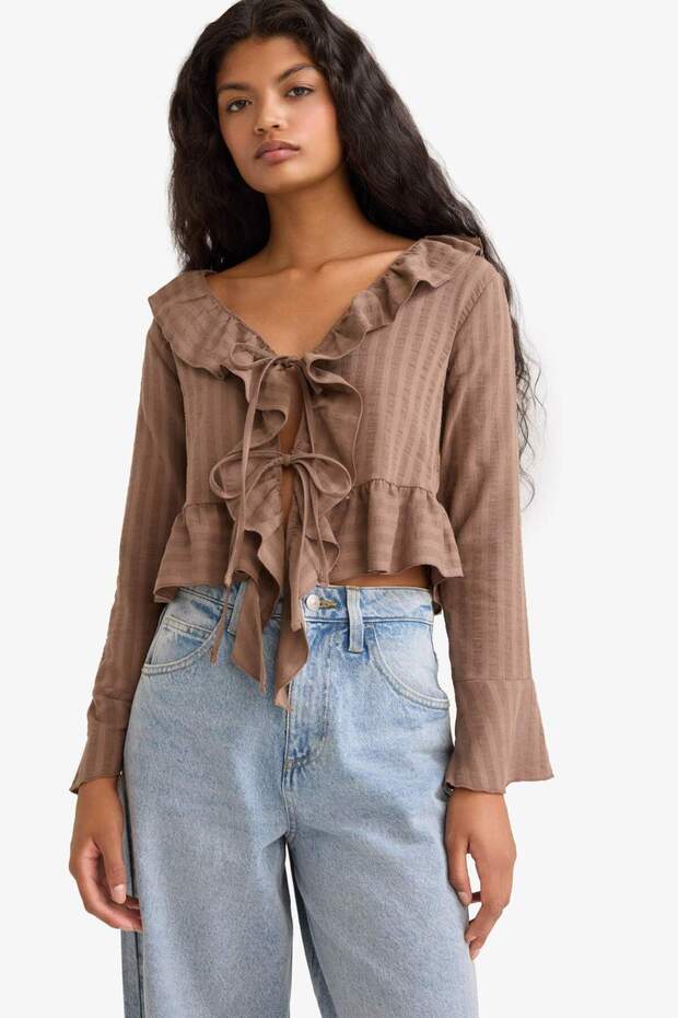 Regular Fit Textured Front Tie Ruffle Long Sleeve Blouse F7657Ax25Au - 3