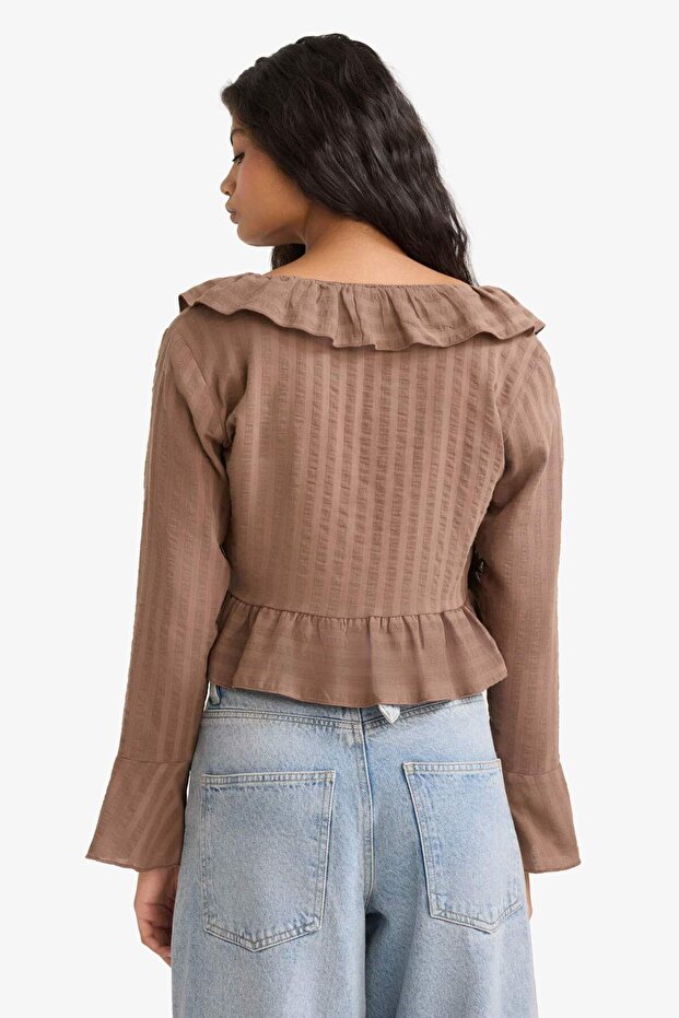 Regular Fit Textured Front Tie Ruffle Long Sleeve Blouse F7657Ax25Au - 5