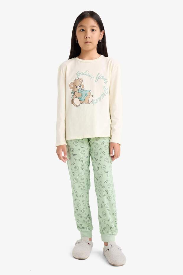 Kız Çocuk Pijama Takımı Baskılı Uzun Kollu Üst Desenli Uzun Alt F6219A825WN - 1