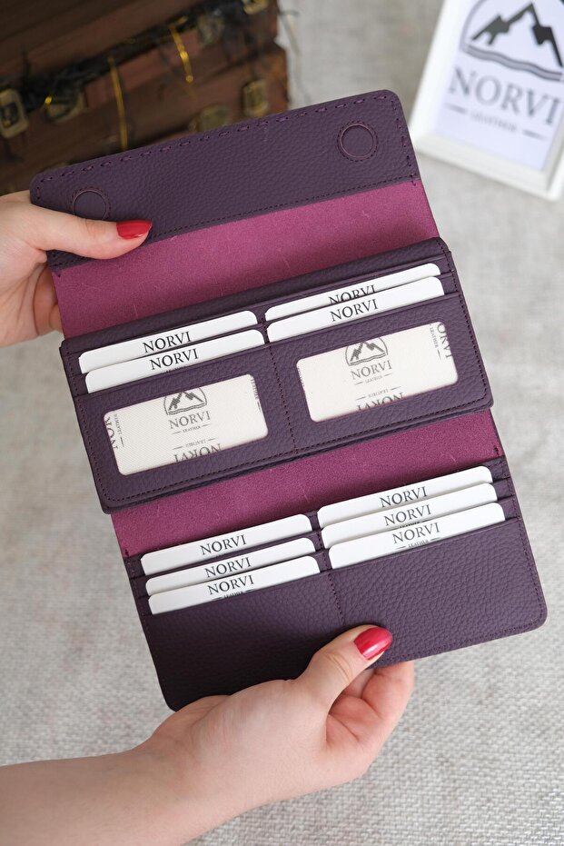 Saraciye Stitched Genuine Leather Wallet with Phone Compartment Purple 1052