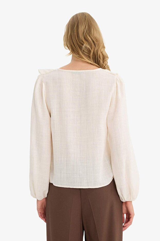 Regular Fit V Yaka Volanlı Pamuklu Uzun Kollu Bluz F9895AX25AU - 4