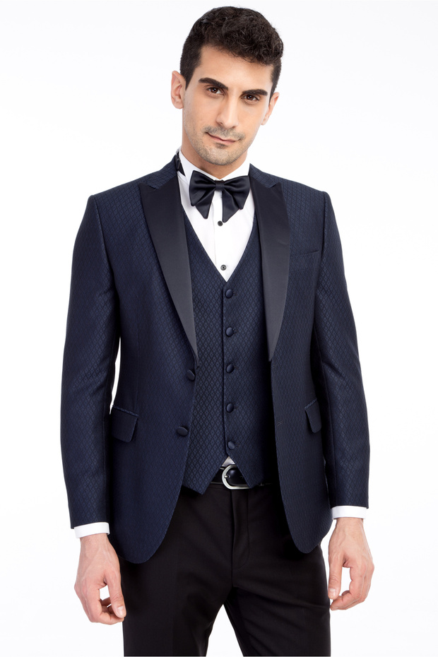 7 Drop slim fit Dar croială guler petrecut cu model set cu vestă Smoking și costum de mire - 2